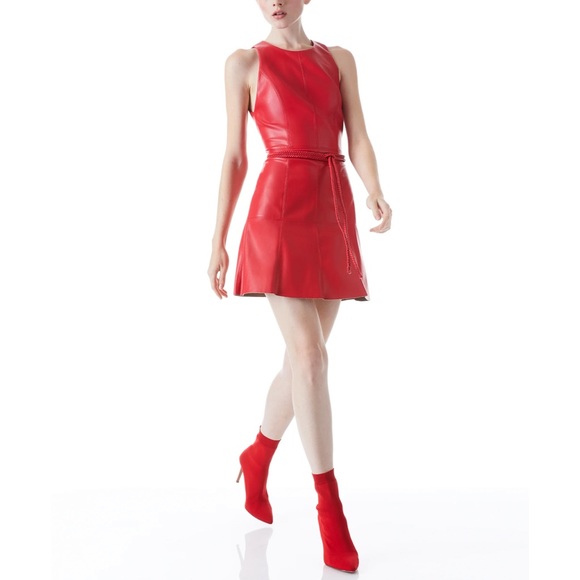 Alice + Olivia Leandra Red Vegan Leather Tie Waist Mini Dress - Picture 15 of 16